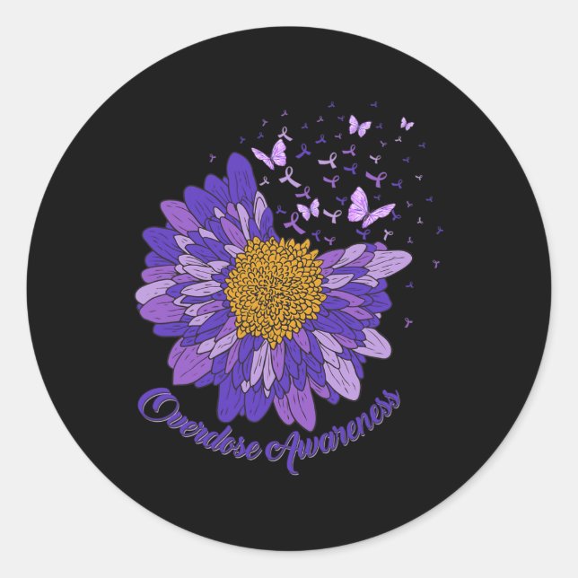 Daisy Butterfly Purple Ribbon Overdose Awareness 3 Classic Round Sticker (Front)