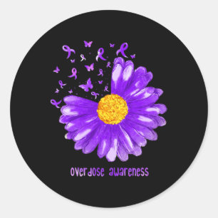 Daisy Butterfly Purple Ribbon Overdose Awareness  Classic Round Sticker
