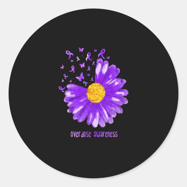 Daisy Butterfly Purple Ribbon Overdose Awareness Classic Round Sticker (Front)