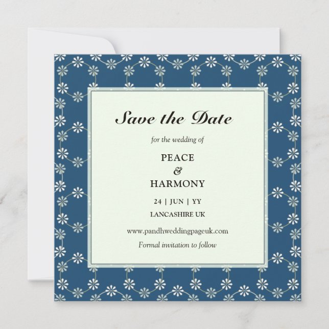 Daisy Chain Blue Pattern Square Save The Date Card (Front)