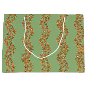 Daisy Chain Wiggly Flower Stripes orange on green Large Gift Bag