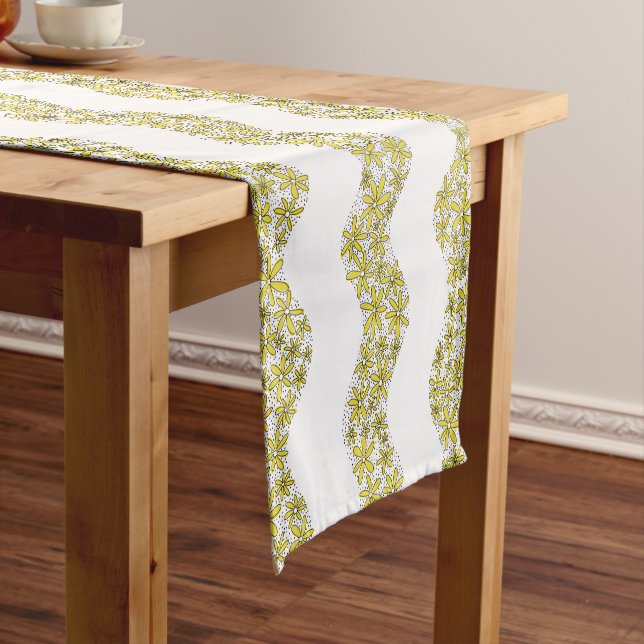 Daisy Chain Wiggly Flower Stripes yellow Short Table Runner (In Situ)