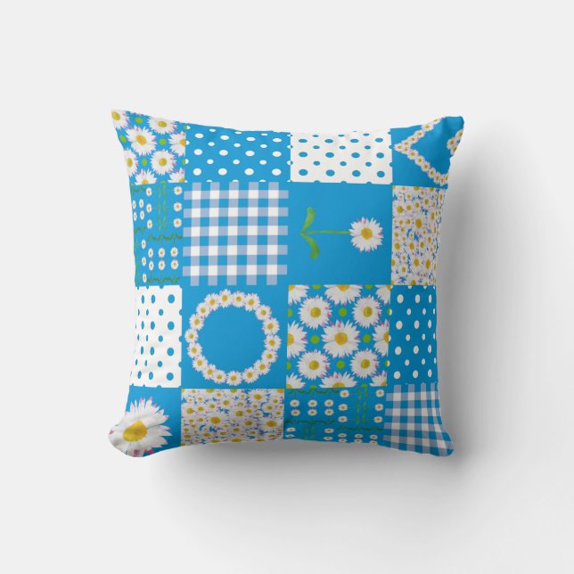 Daisy Chains Faux Patchwork, Stripes, Polka Dots Cushion (Front)