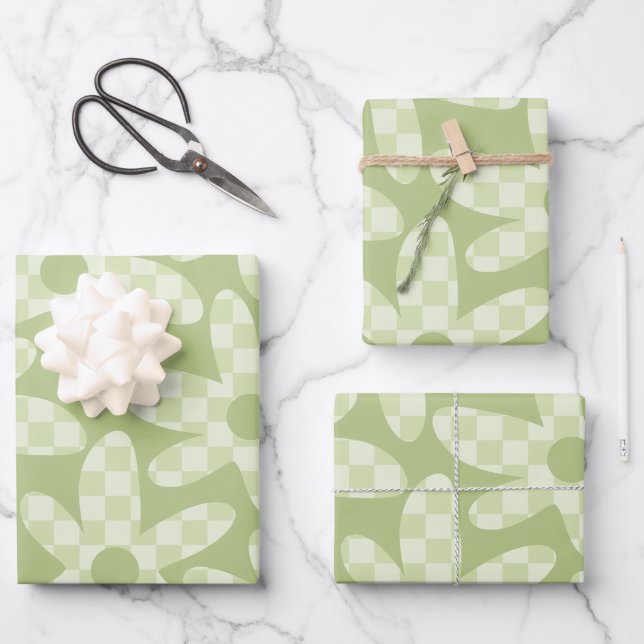 Daisy Check Sage Green Retro Modern Pattern Wrapping Paper Sheet (Front)