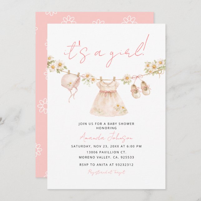 Daisy Clothesline Baby Girl Shower Invite (Front/Back)