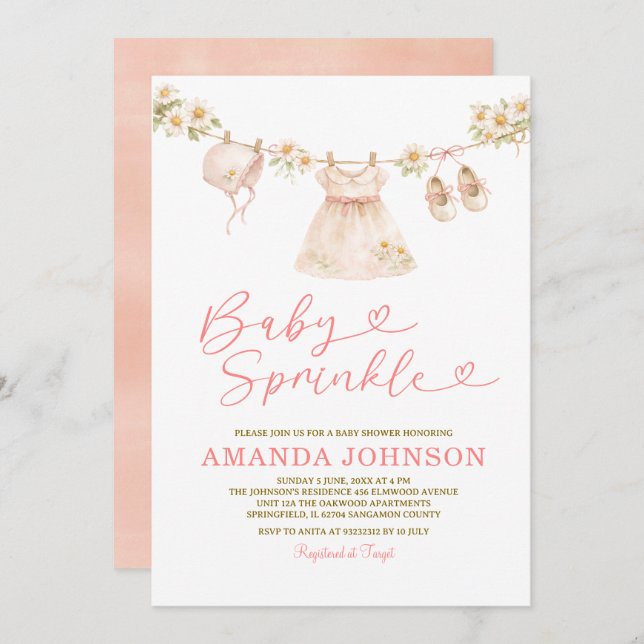 Daisy Clothesline Baby Sprinkle Girl Pink Peach Invitation (Front/Back)