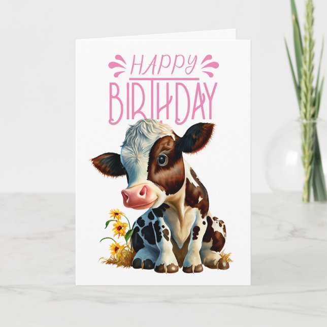 Daisy Cow Birthday Girl Pink Card (Front)