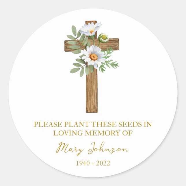 Daisy Cross Memorial Funeral Seed Packet Classic Round Sticker (Front)