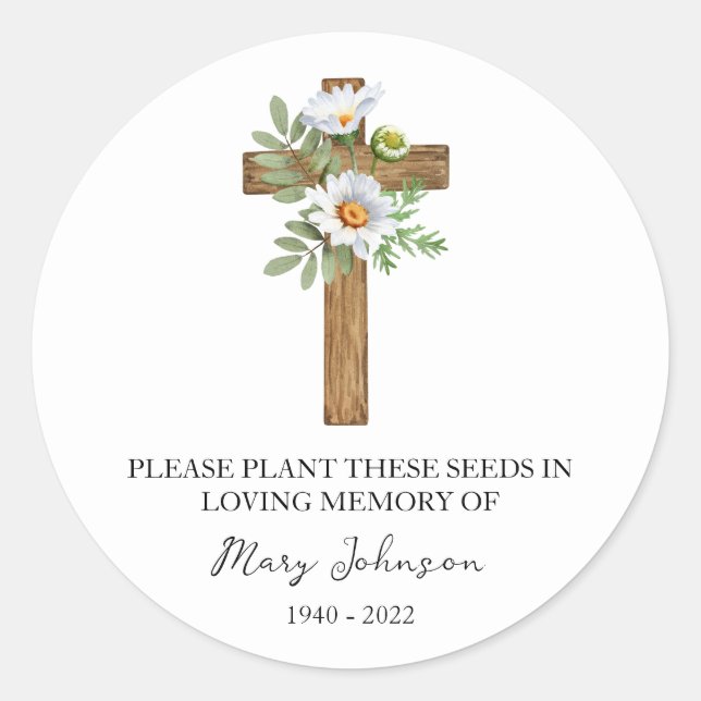 Daisy Cross Memorial Funeral Seed Packet Classic Round Sticker (Front)