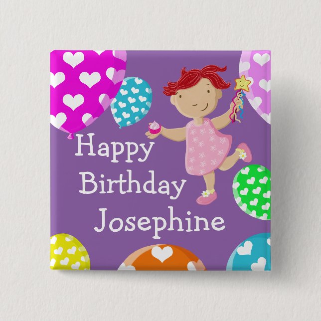 Daisy Cupcake And Balloons Happy Birthday 15 Cm Square Badge (Front)