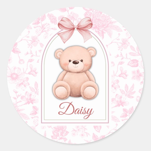 Daisy | Custom Pink Teddy Bear Nursery Design  Classic Round Sticker (Front)