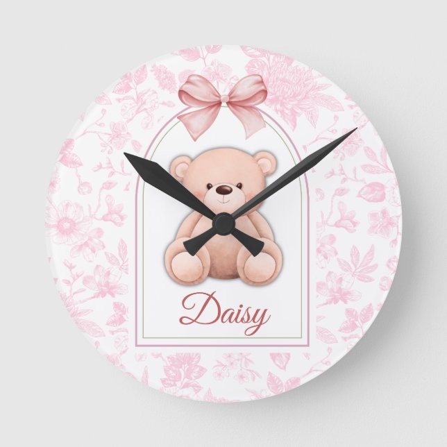 Daisy | Custom Pink Teddy Bear Nursery Design  Round Clock (Front)