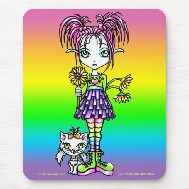 "Daisy" Cute Cat Rainbow Fairy Art Mousepad (Front)