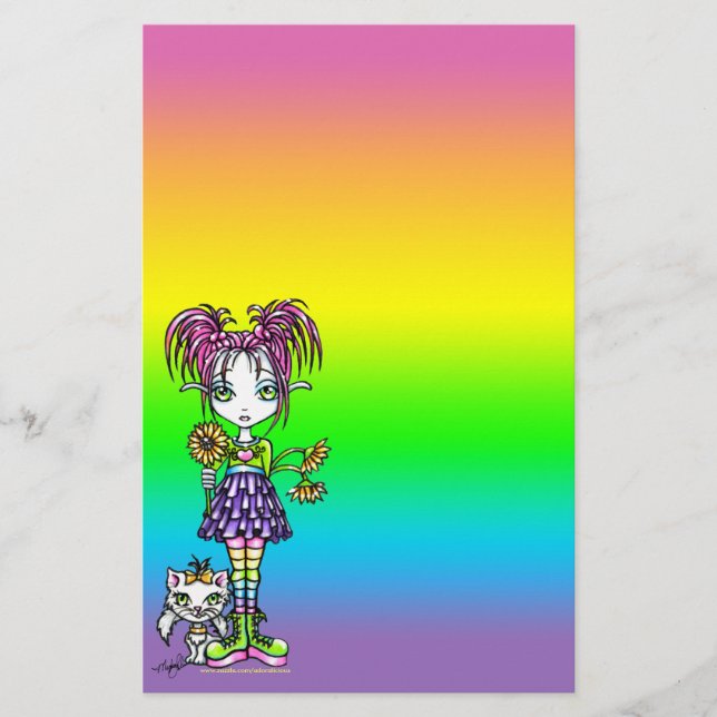 "Daisy" Cute Cat Rainbow Fairy Art Stationery (Front)