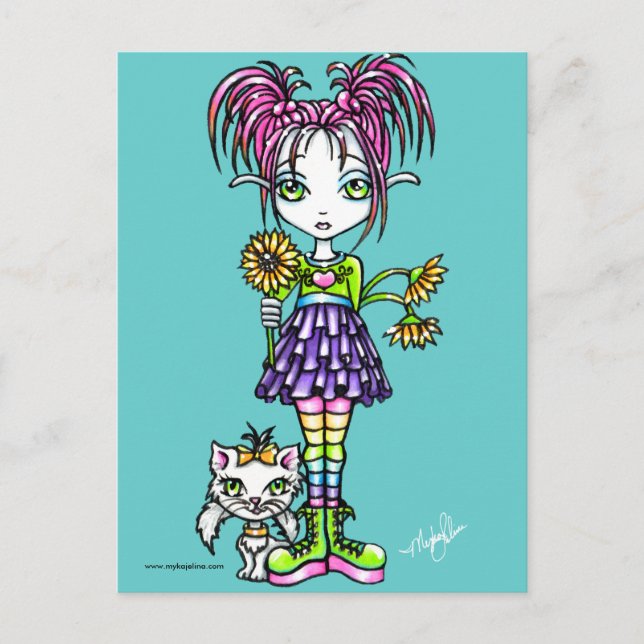 "Daisy" Cute Flower Child and Kitty Postcard (Front)