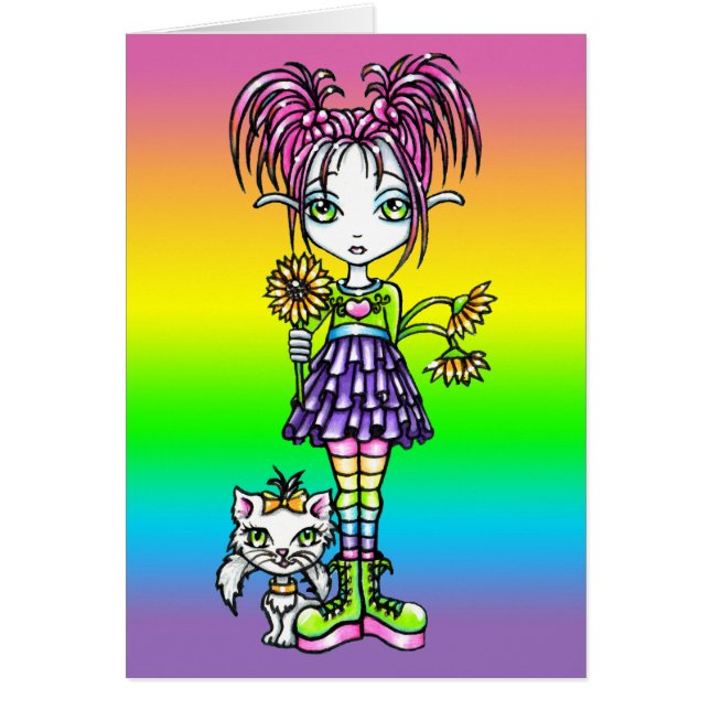 "Daisy" Cute Flower Child Cat Fairy Art Card (Front)