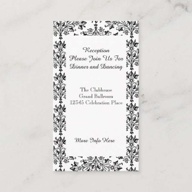 Daisy Damask Black White Custom Reception Card (Front)