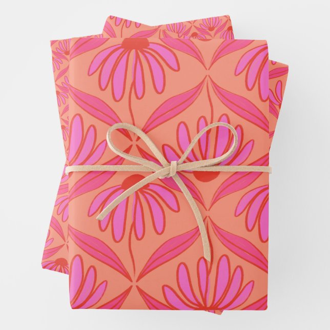 Daisy Damask Pattern - Pink and Orange Wrapping Paper Sheet (In situ)