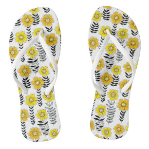 Daisy doodles in yellow and black flip flops