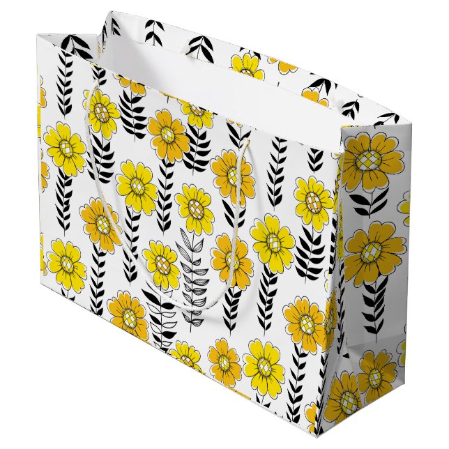 Daisy doodles  in yellow and black large gift bag (Back Angled)