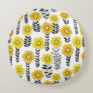 Daisy doodles in yellow and black round cushion