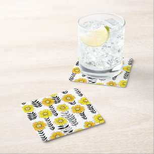 Daisy doodles in yellow and black square paper coaster