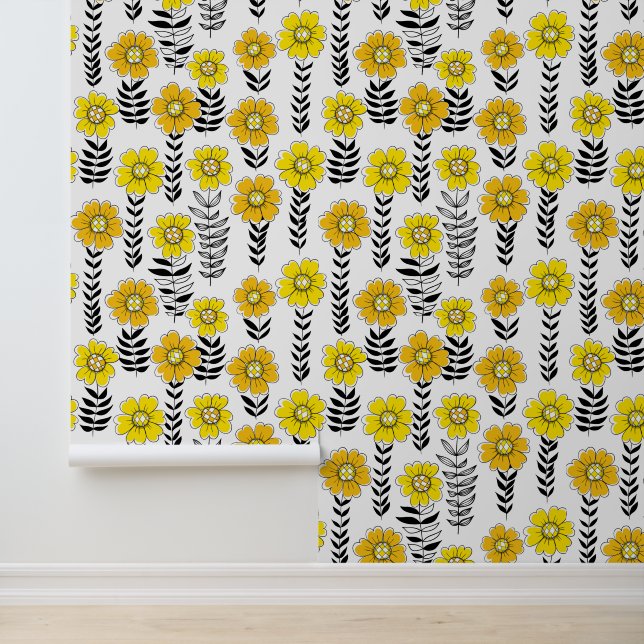 Daisy doodles  in yellow and black wallpaper (Application)