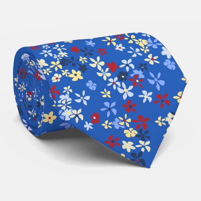 Daisy Dot Floral Royal Two-sided Printed Tie (Rolled)