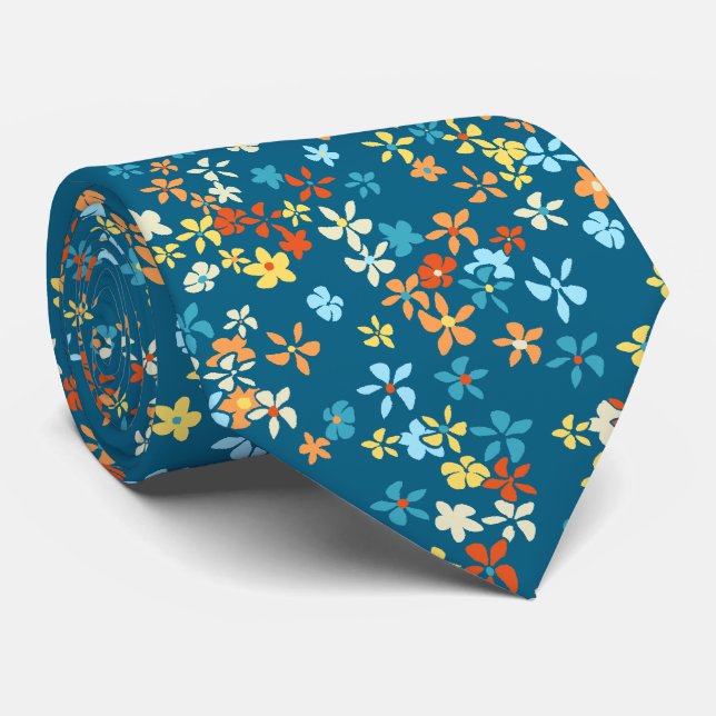 Daisy Dot Floral Teal Two-sided Printed Tie (Rolled)