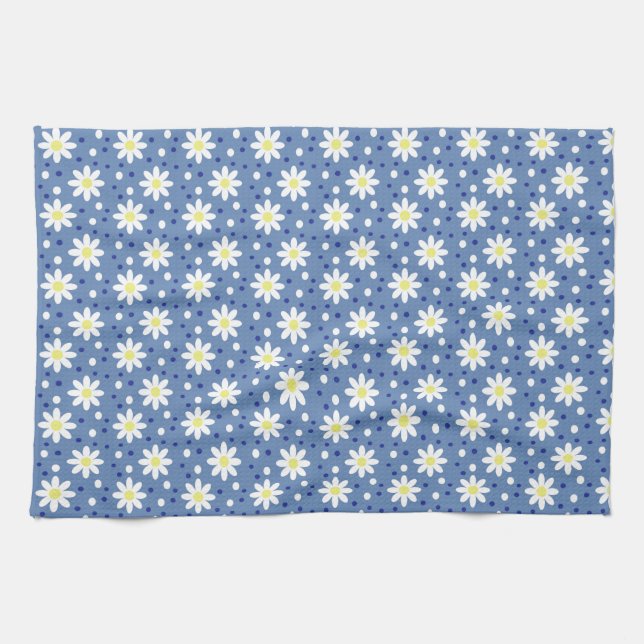 daisy dots blue  tea towel (Horizontal)