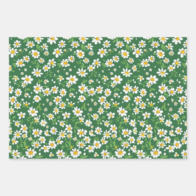 Daisy, Dots, Green Gingham Wrapping Paper Sheets (Front)