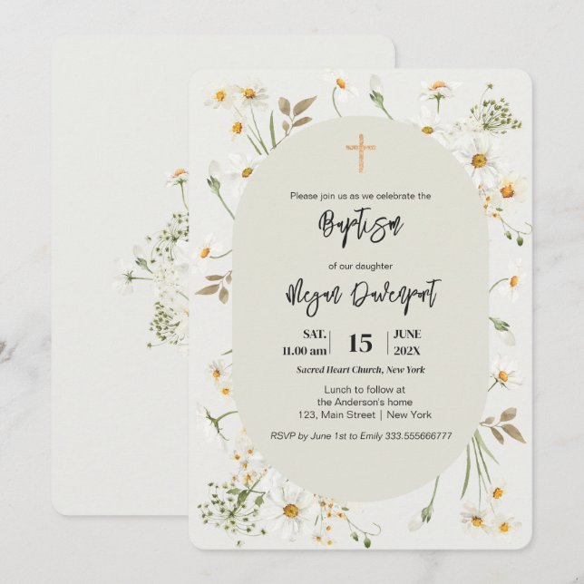 Daisy elegant  Floral Boho Baptism Invitation (Front/Back)