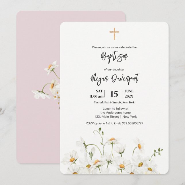 Daisy elegant Girl Baptism Invitation (Front/Back)