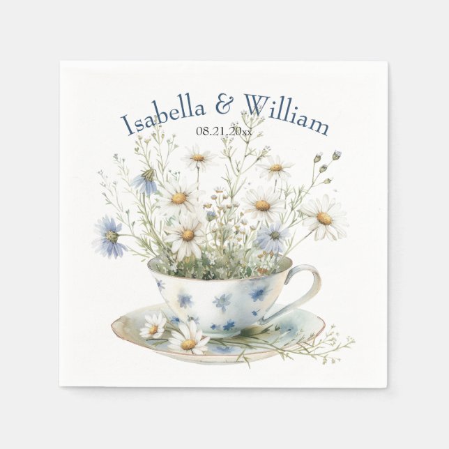  Daisy & Faded Blue Denim Flowers In Teacup Custom Napkin (Front)