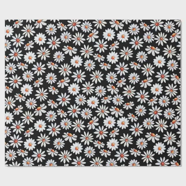 Daisy Filed Watercolor Black and White  Wrapping Paper (Flat)