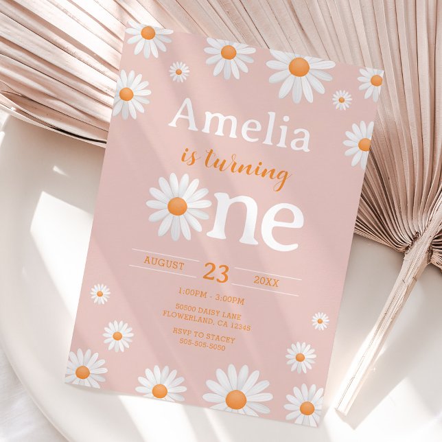 Daisy First Birthday Invitation, Boho Pink Floral Invitation (Daisy Flower First Birthday Invitation)