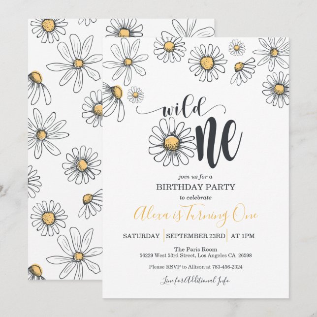 Daisy First Birthday Invitation - Wild One - WH (Front/Back)