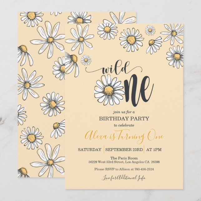 Daisy First Birthday Invitation - Wild One - Ylw (Front/Back)