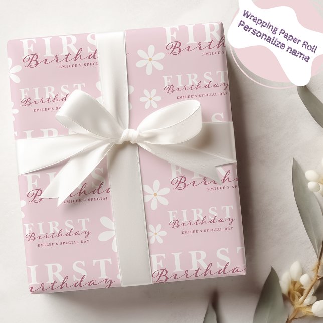 Daisy First Birthday Pink Themed Party Wrapping Paper (Creator Uploaded)