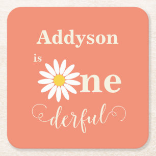 Daisy First Birthday Square Paper Coaster