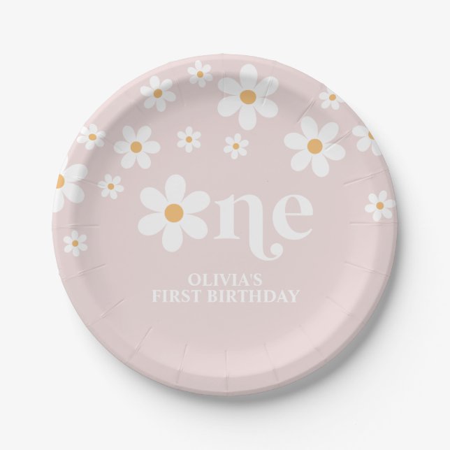 Daisy floral 1st birthday paper plate (Front)