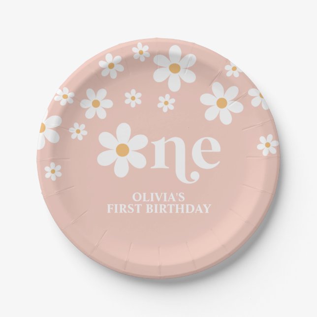 Daisy floral 1st birthday paper plate (Front)