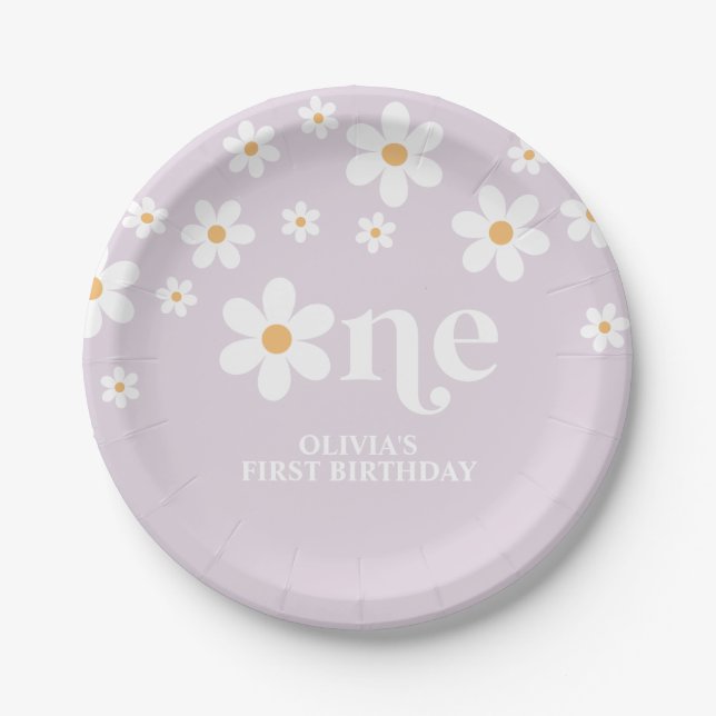 Daisy floral 1st birthday paper plates (Front)