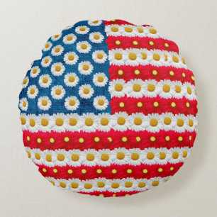 Daisy Floral American Flag USA Throw Pillow Pouf