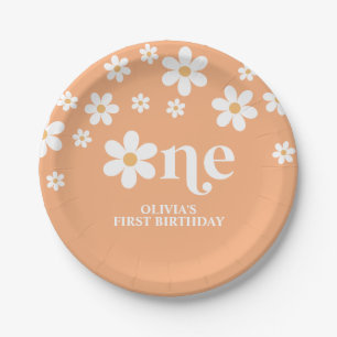 Daisy floral apricot 1st birthday paper plate