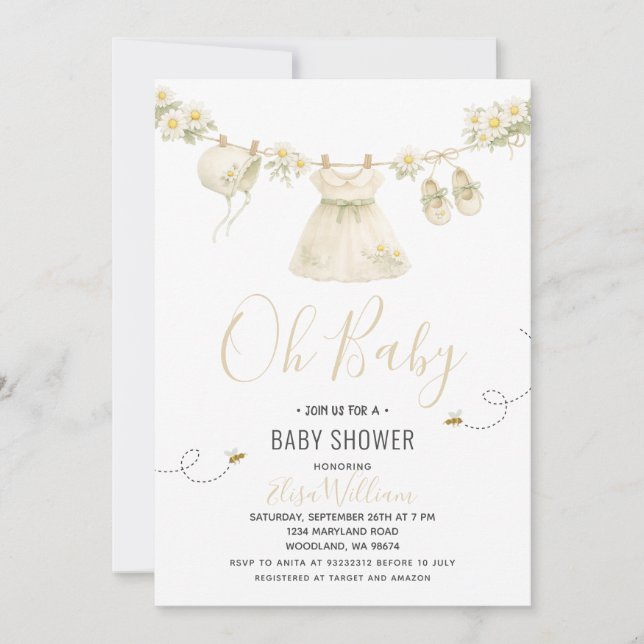 Daisy Floral Baby Shower Clothesline for Girl Invitation (Front)