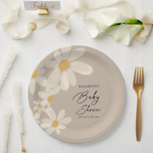 Daisy Floral Brown Baby Shower Paper Plate