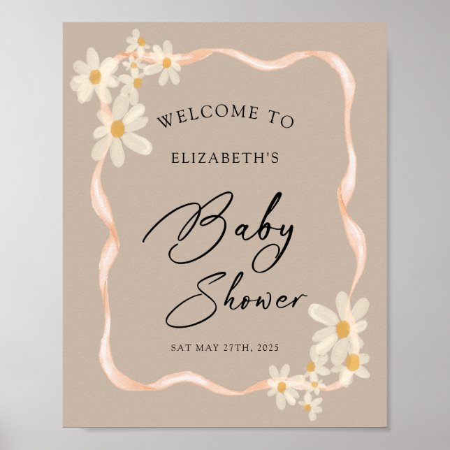  Daisy Floral Brown Baby Shower Welcome Sign (Front)