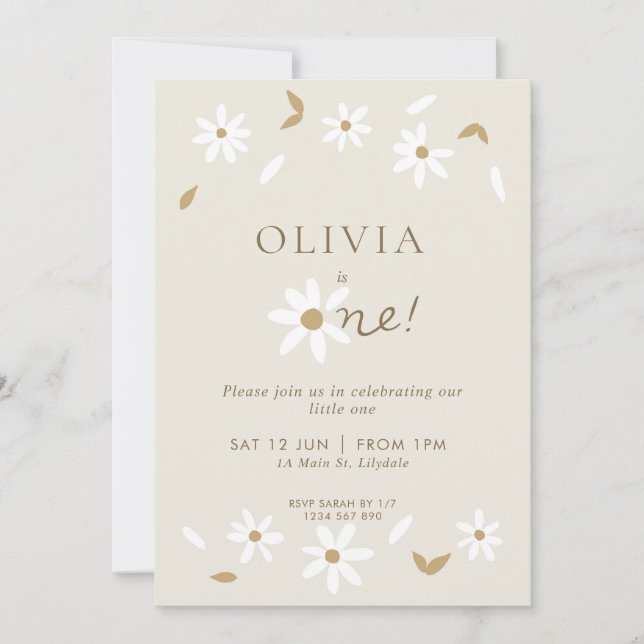 Daisy Floral First Birthday Invitation - Beige (Front)