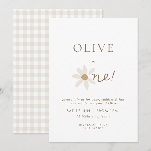 Daisy Floral First Birthday Invitation - White (Front/Back)